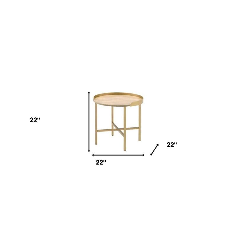 22" Round Oak Wood End Table with Gold Metal and Removable Tray Top for Living Room or Bedroom - 22"L x 22”W x 22"H