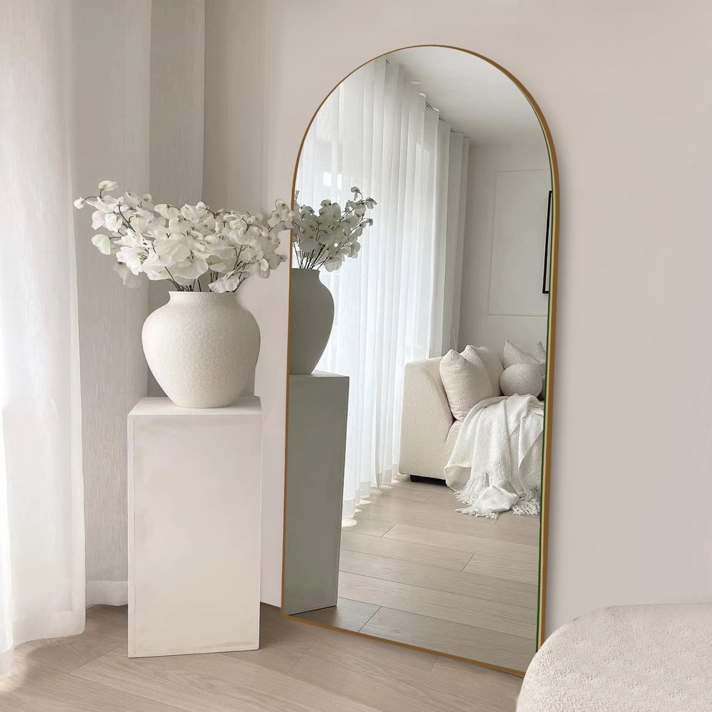 Modern Arched Full-Length Wood Floor Standing Mirror
