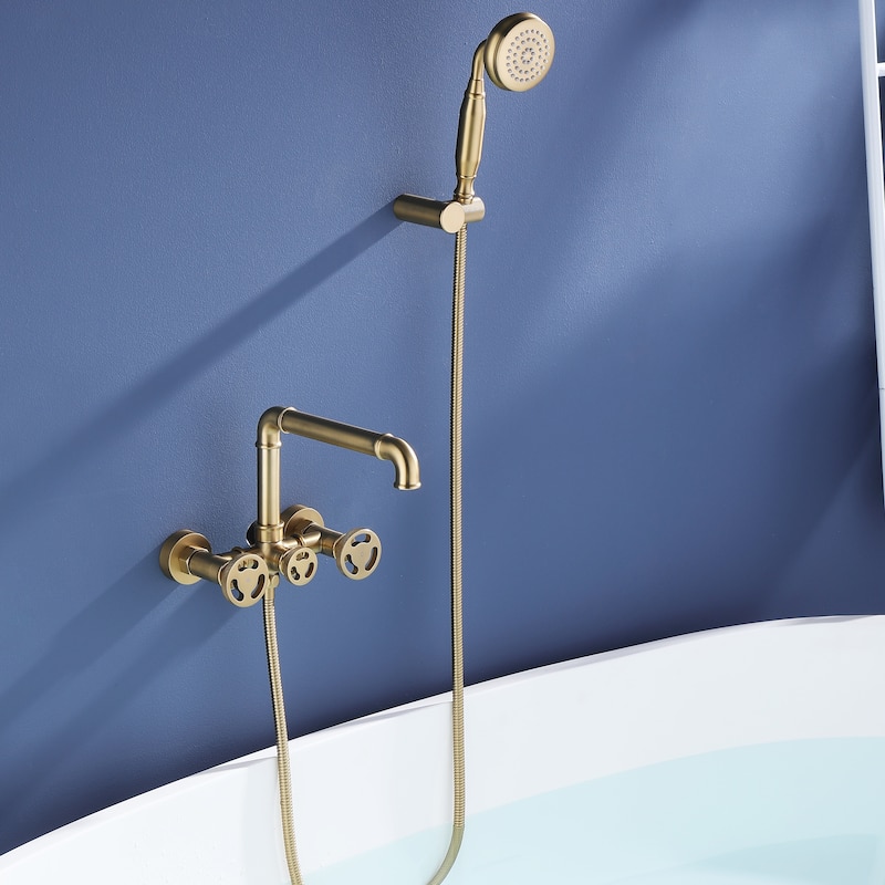 2-Handle Wall Mounted Tub Faucet Set With Hand Shower in Black/Gold - Brushed Gold