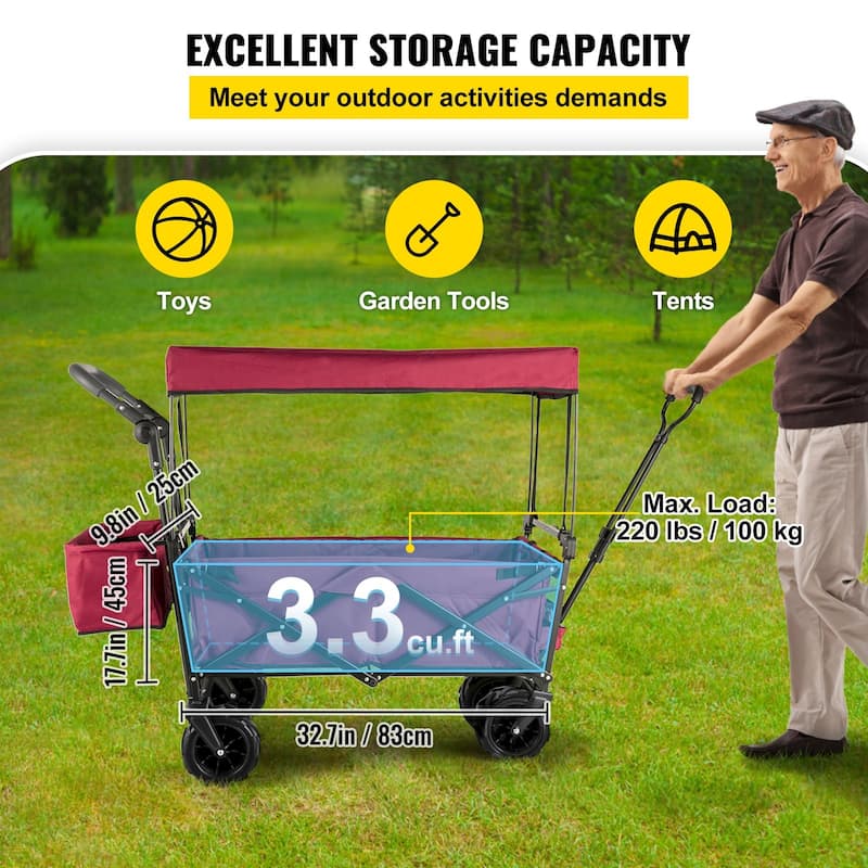 Steel 600D Oxford Folding Wagon 220lbs Cart w/ Canopy & Wheels - 39"x21.4"x39"