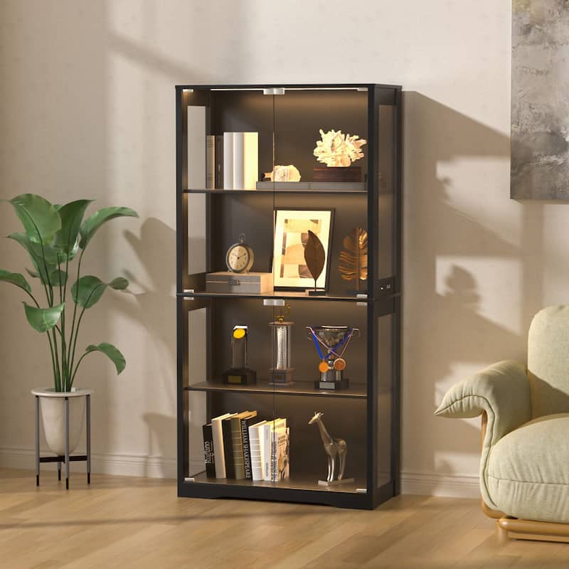 VEIKOUS 68.9" Tall Glass Display Cabinet with Built-in LED Lights & Motion Sensor for Lego, Collectibles, Figures - Black