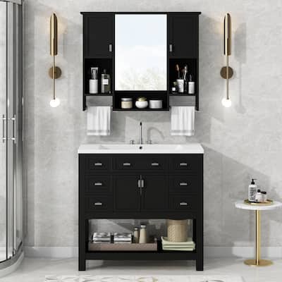 Roomfitters 36" Vanity with Sink, Mirror Cabinet and Towel Bar, Storage Unit with 6 Drawers and 2 Doors, Modern Design