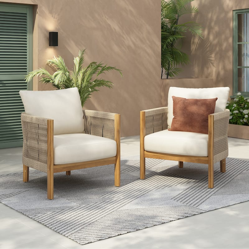Christopher Knight Home - Valencia Acacia Wood Patio Club Chair with Woven Rope Accents - 2-Piece - Teak + Beige