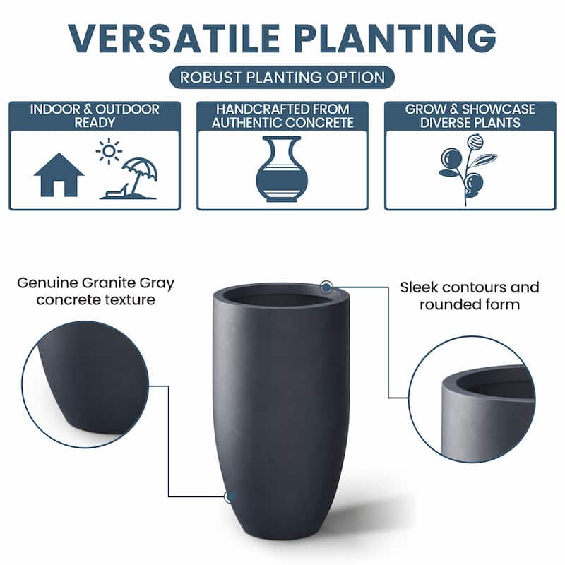 Textured Granite Gray Tall Concrete Round Plant Pots / Large Indoor and Outdoor flower Planters (13.5 Inch x 24.5 Inch)