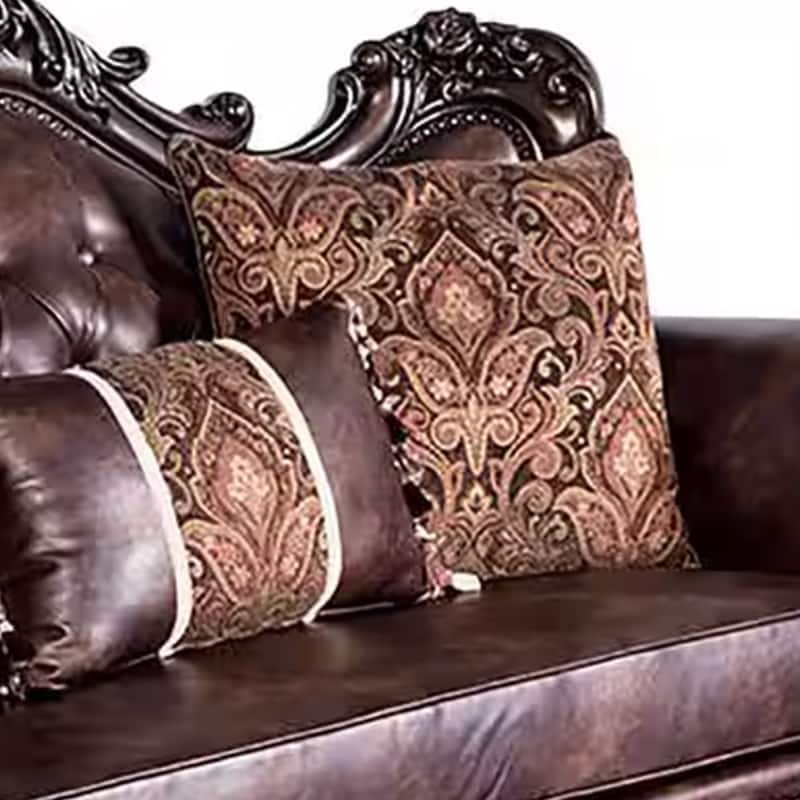 Puhi Loveseat w Accent Pillows, Brown Faux Leather, Ornate Carved 70 Inch
