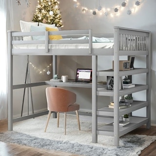Industrial Modern Full Size Loft Bed with Storage Shelves and Under-bed Desk, Sturdy Construction & Safety Guaranteed, Grey