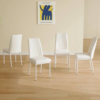 4 Dining Chair Set, White Dining Chair Set, Pu Material High Back Seat And Sturdy White Leg Chair