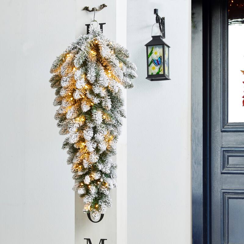 Glitzhome 3ft Pre-Lit Flocked White Poinsettia and Berries Christmas Teardrop