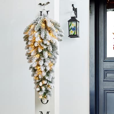 Glitzhome 3ft Pre-Lit Flocked White Poinsettia and Berries Christmas Teardrop