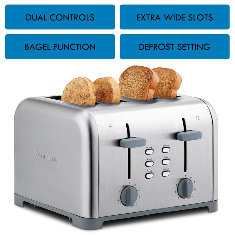 Kenmore 4-Slice Stainless Steel Toaster, Dual Controls, Wide Slot
