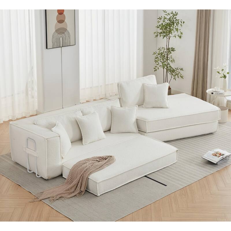 133" Lamb Velvet Convertible Sectional Sleeper Sofa with 7 Pillows