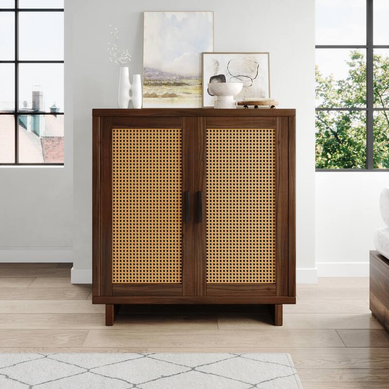 Farmhouse Woven Rattan Sideboard Accent Cabinet