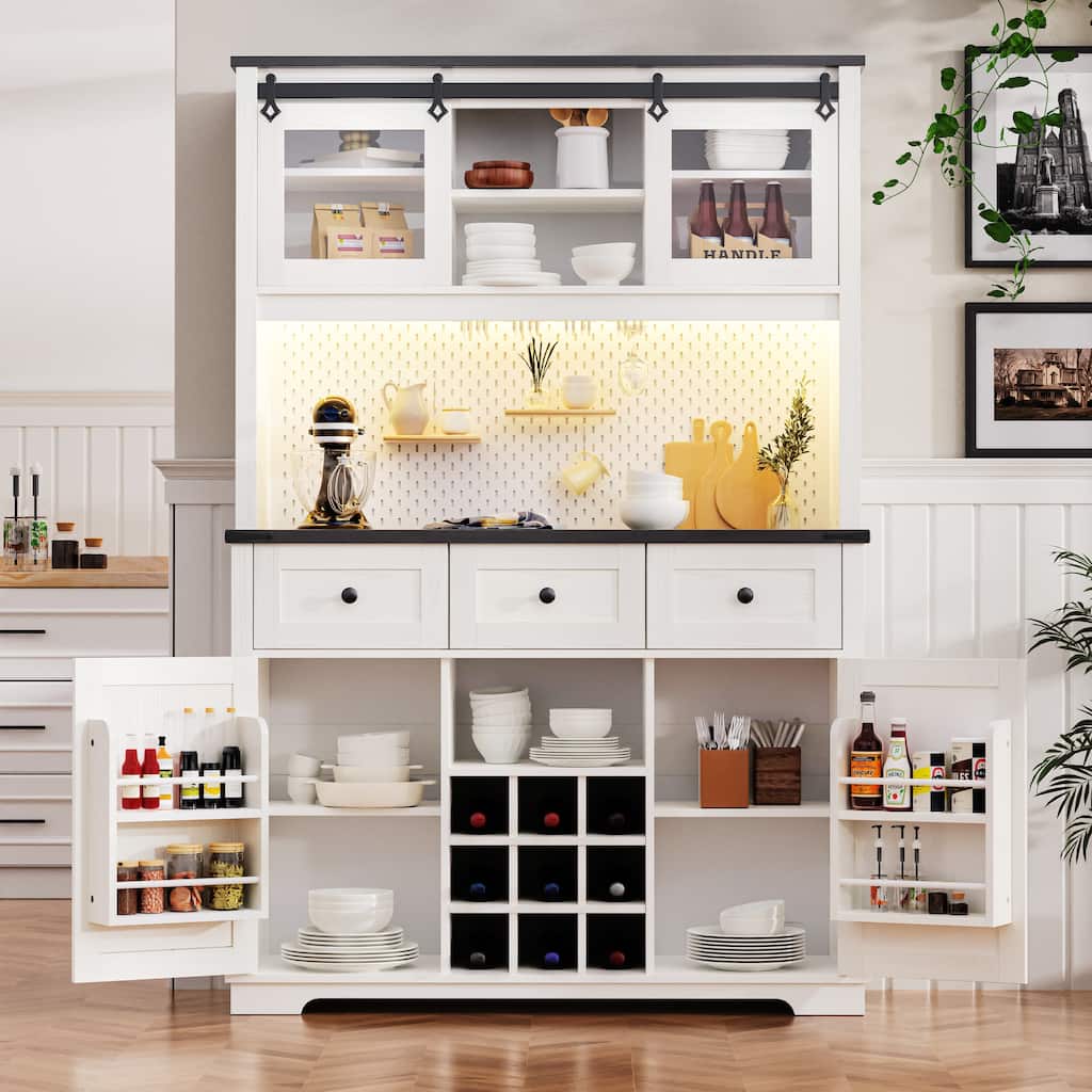 47.25'' Farmhosue Pantry Bar Cabinet in White Oak with Hutch,Power Outlet,Pegboard,Wine & Glasses Rack and 3 Drawers