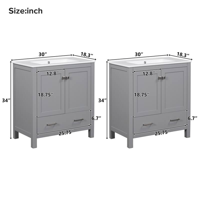 60" Bathroom Vanity Set with Double Vanities (Separate), Double Ceramic Sinks, Storage Shelf, and Divided Drawers