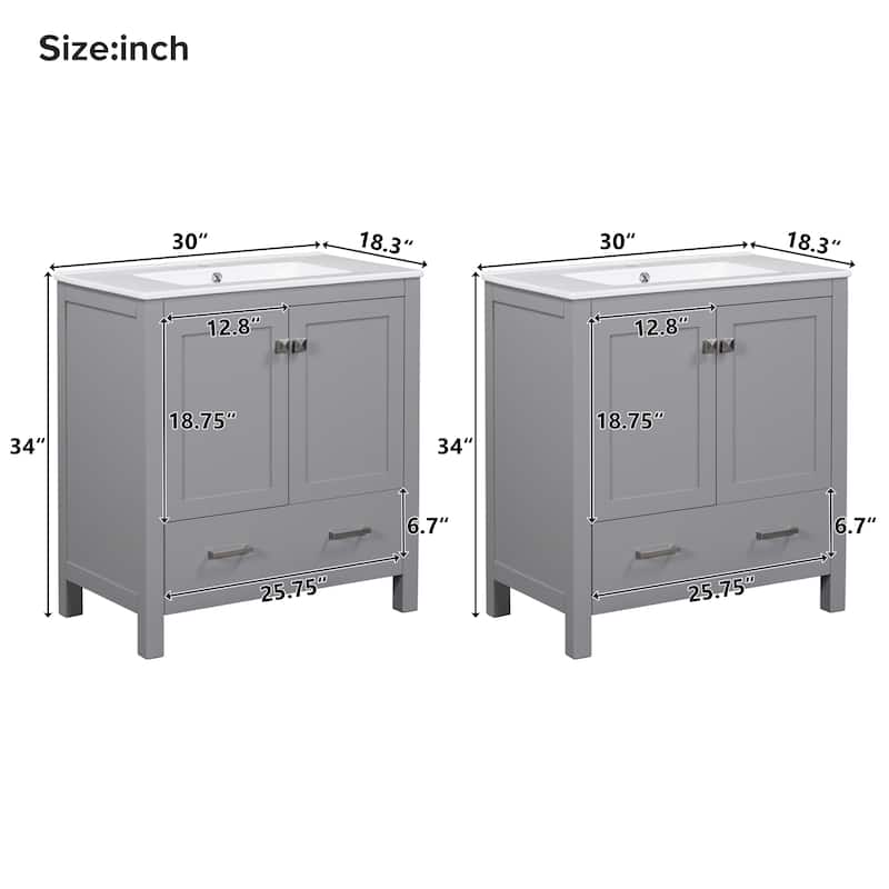 60 Inch Bathroom Vanity with Double Ceramic Sinks, 4 Doors, 2 Drawers, and Divided Storage - Freestanding Design