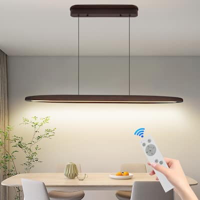 39" Streamline Wooden LED Pendant Light with Remote Control, Adjustable Hanging Light