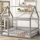 preview thumbnail 1 of 37, Full Size Wooden Bed House Bed with House Roof ,Fence Guardrails,Kids Bed Design Grey