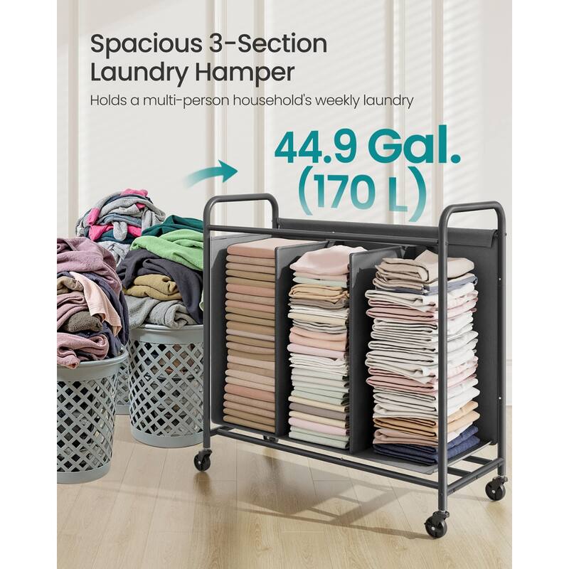 Slate Gray 3-Section Laundry Sorter with Wheels Durable Steel & Oxford Fabric Hamper - 170L