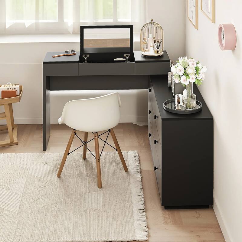 Home Office Storage Expandable Dresser Desk Combo With Flip-Top Makeup Mirror and 6 Storage Drawers
