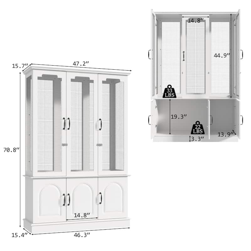 Indoor Bird Cage Cabinet with Storage Base, White Wooden Aviary with DIY Wire Mesh & Food Organizer