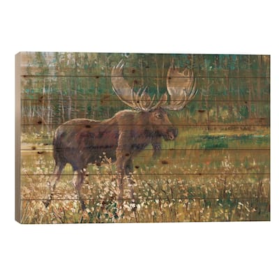 Moose In The Field Print On Wood by Tim OToole - Multi-Color