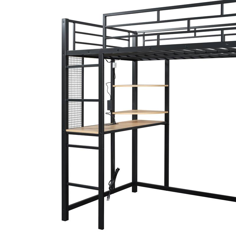 Twin/Full Size Metal Loft Bed Frame with Built In Desk, Power Outlet, Led Light and Wardrobe