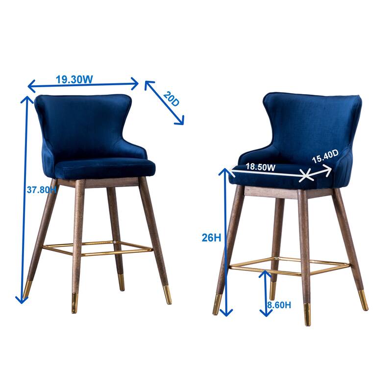 Set of 2 Upholstered Wingback Counter Stools - Mid-Century Fabric Bar Stools with Gold-Tipped Legs for Kitchen & Dining