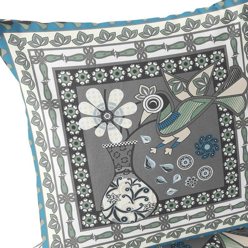 HomeRoots Set of Two 16" X 16" Black Gray and White Peacock Blown Seam Floral Indoor Outdoor Throw Pillow