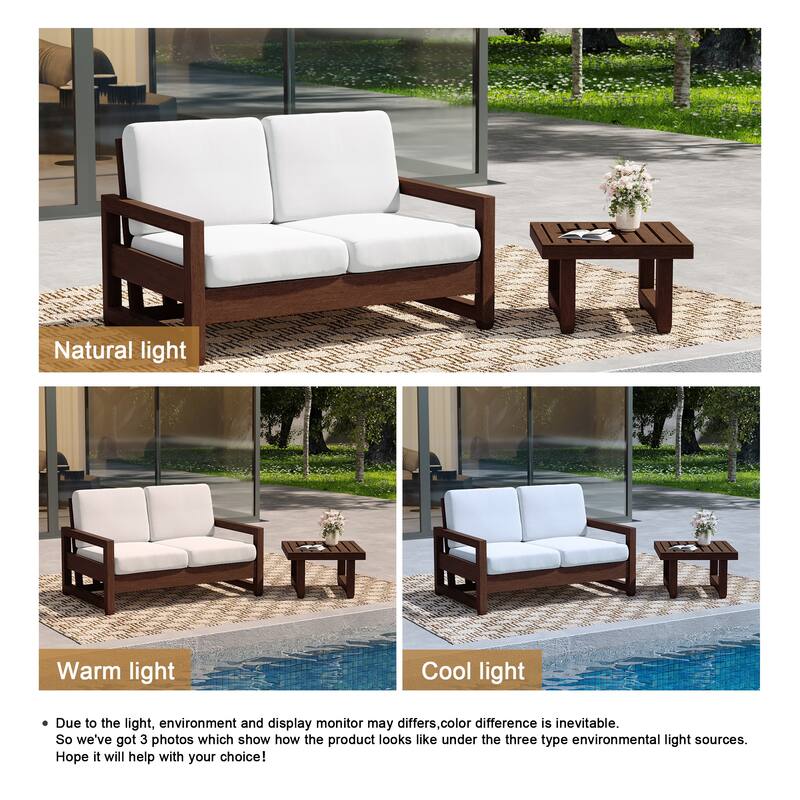 Teak Wood Cushioned Outdoor Patio Loveseat Set with Side Table