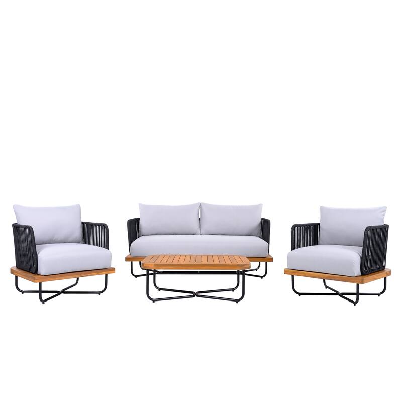 Christopher Knight Home- Mason Acacia Wood Outdoor Conversation Set - 4-Piece - Teak finish+Grey cushion+Black rope