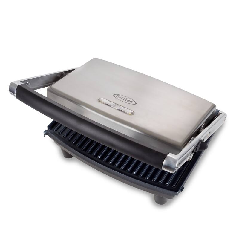 Panini Press Gourmet Grilled Cheese and Sandwich Maker by Chef Buddy (Silver)