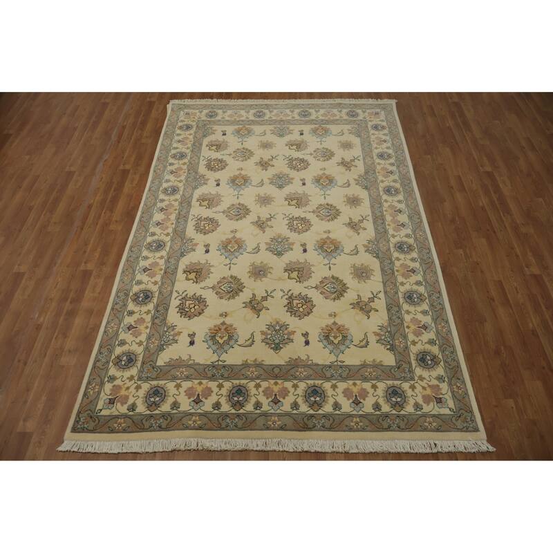Hand Knotted Oriental 100% Wool Carpet Traditional All-Over Beige & Ivories Tabriz Area Rug - 9' 9'' X 6' 3''