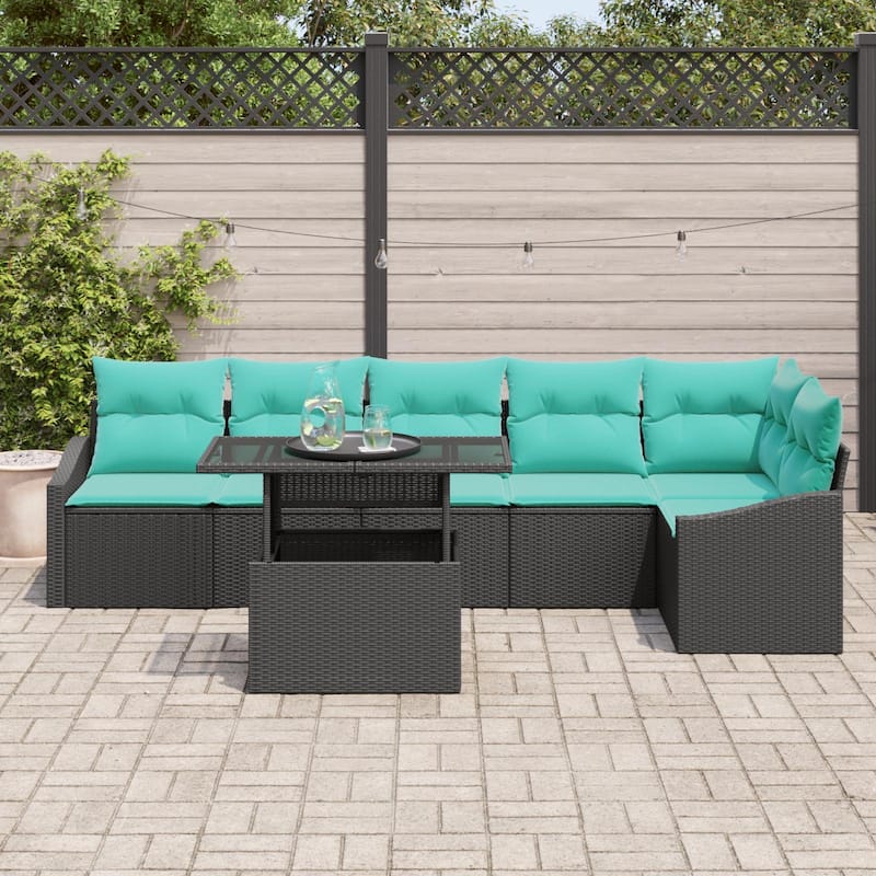 vidaXL 7 Piece Garden Sofa Set with Cushions Black Poly Rattan - 113.6×48.6×27.2