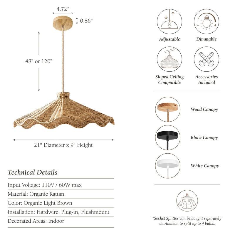 Ariel Rattan Pendant Light - Natural Large Cone 1-Light Handwoven Light Fixture For Modern, Transitional, Farmhouse Room Décor