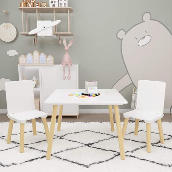 slide 2 of 9, Kids Table and 2 Chairs Set, 3 Pieces Toddler Table and Chair Set, Wooden Activity Play Table Set (White) White