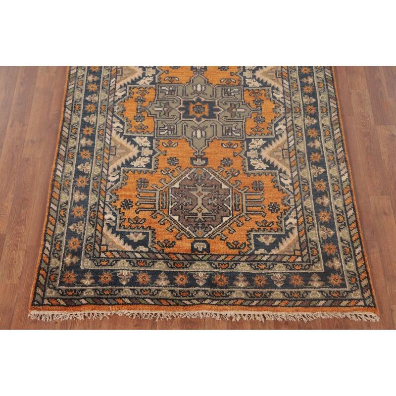 Geometric Kazak Accent Rug Handmade Oriental Orange Wool Carpet - 4'0"x 5'11"