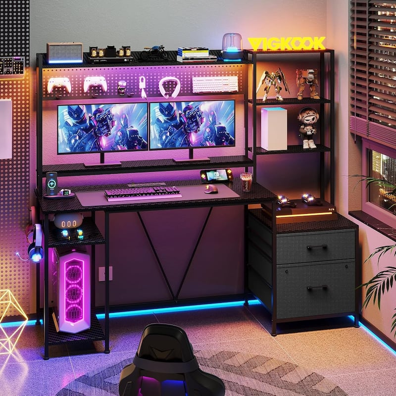Computer Desk Gaming Desk 2 Drawers Shelves Pegboard 8 Hooks