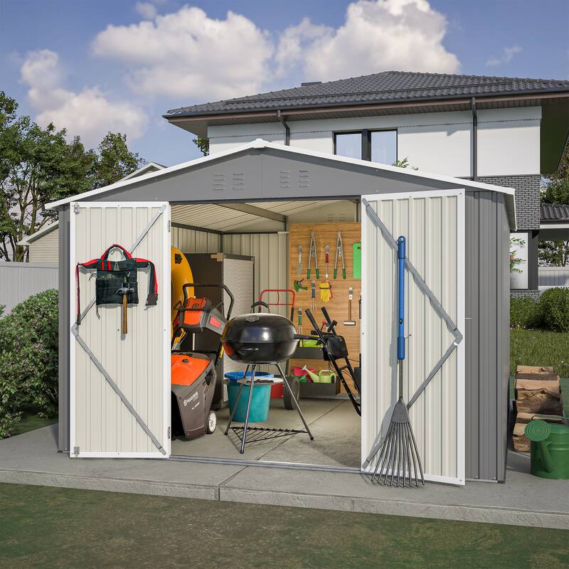 10x10 FT Outdoor Storage Shed, Utility Metal Tool Storage with Lockable Doors and Updated Frame Structure, Large Metal Shed