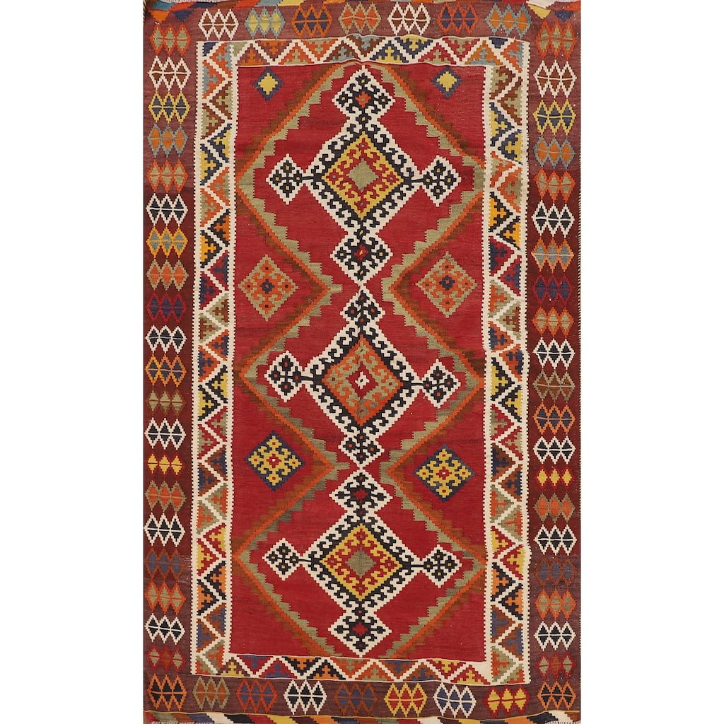 Kilim Qashqai Persian Vintage Rug Flatweave Oriental Red Wool Carpet - 5'0"x 8'2"