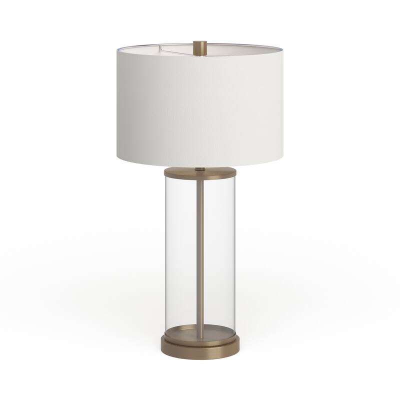 Reeves Cylindrical Clear Glass & Antique Brass Table Lamp with Linen Shade