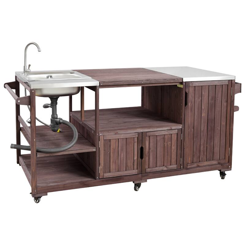 75" Outdoor Kitchen Island with Sink, Rolling Cart & Stainless Steel Top