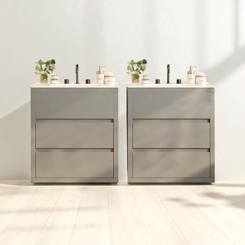 60" Double Sink Bathroom Vanity Set with Two 30" Cabinets, Ceramic Sinks, Soft Close Drawers