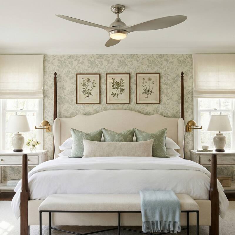 56" Nickel Modern ABS 3-Blade LED Ceiling Fan with Light and Remote