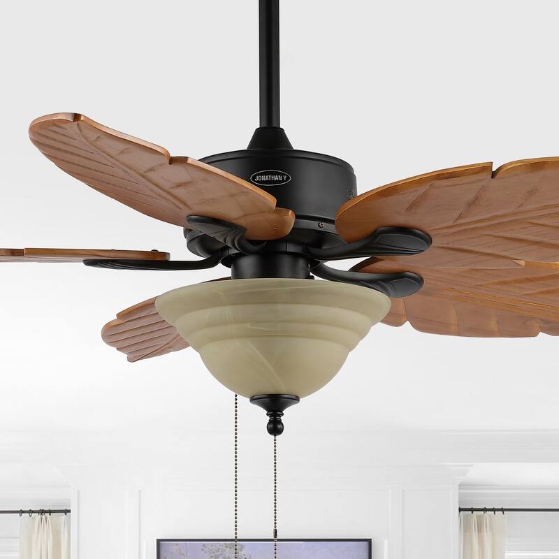 Owen 52" 3-Light Coastal Bohemian Iron/Wood Palm Leaf LED Ceiling Fan with Pull Chain, by JONATHAN Y