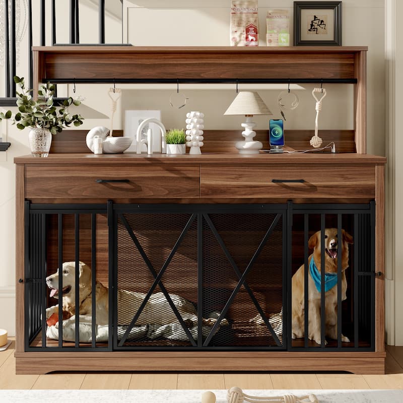 55.1" Dog Crate Furniture, Dog Cage Table with 2 Storage Drawers and Shelves, TV Stand Side End Table