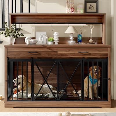 55.1" Dog Crate Furniture, Dog Cage Table with 2 Storage Drawers and Shelves, TV Stand Side End Table