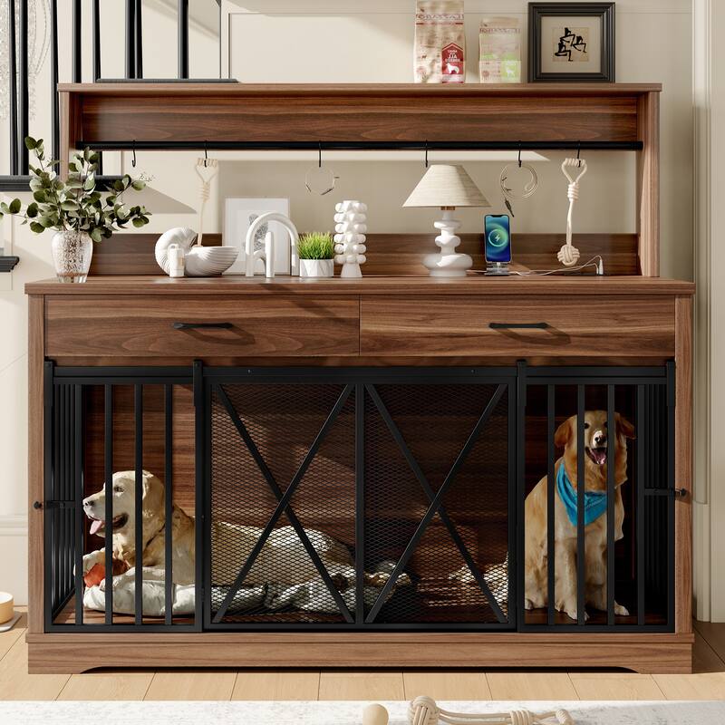 55.1" Dog Crate Furniture for Large or 2 Medium Dogs, Heavy Duty Dog Cage Table with 2 Storage Drawers and Shelves