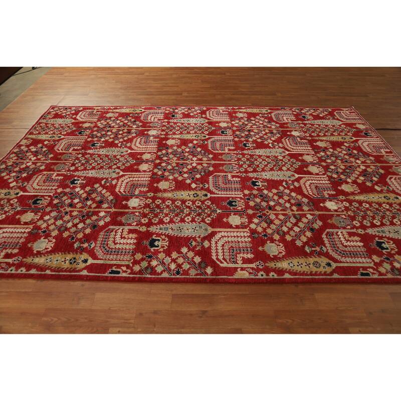Hand Knotted Oriental 100% Wool Carpet Traditional All-Over Red Ziegler Area Rug - 9' 9'' X 6' 7''