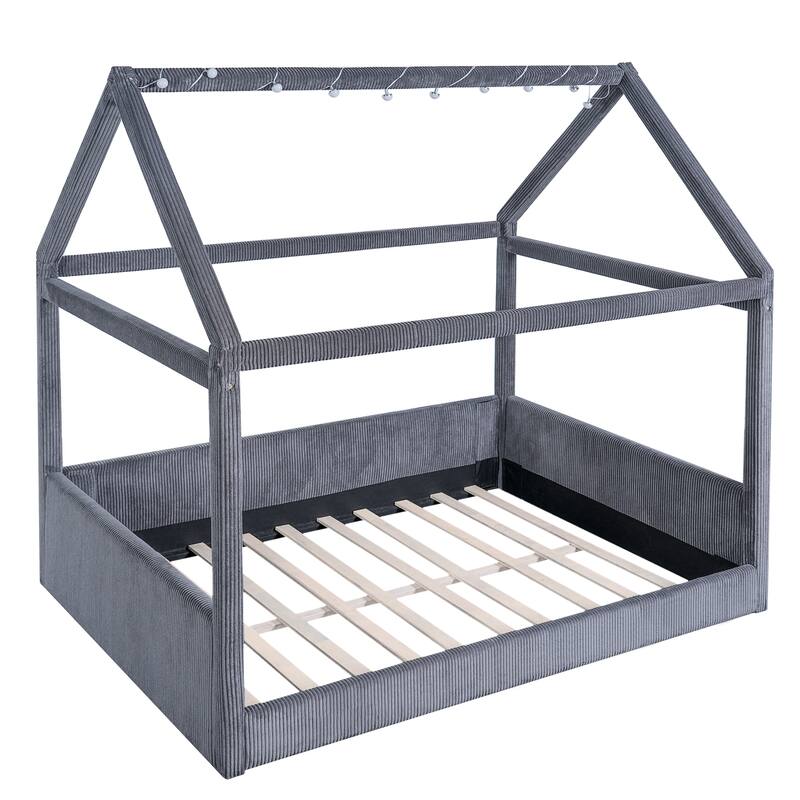 Full Size Upholstered House Daybed with LED Light Strips, Grey