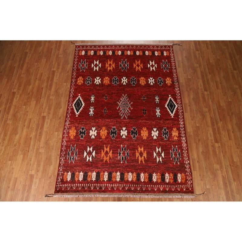 Hand Knotted Oriental 100% Wool Carpet Modern Tribal Red Moroccan Area Rug - 9' 9'' X 6' 9''